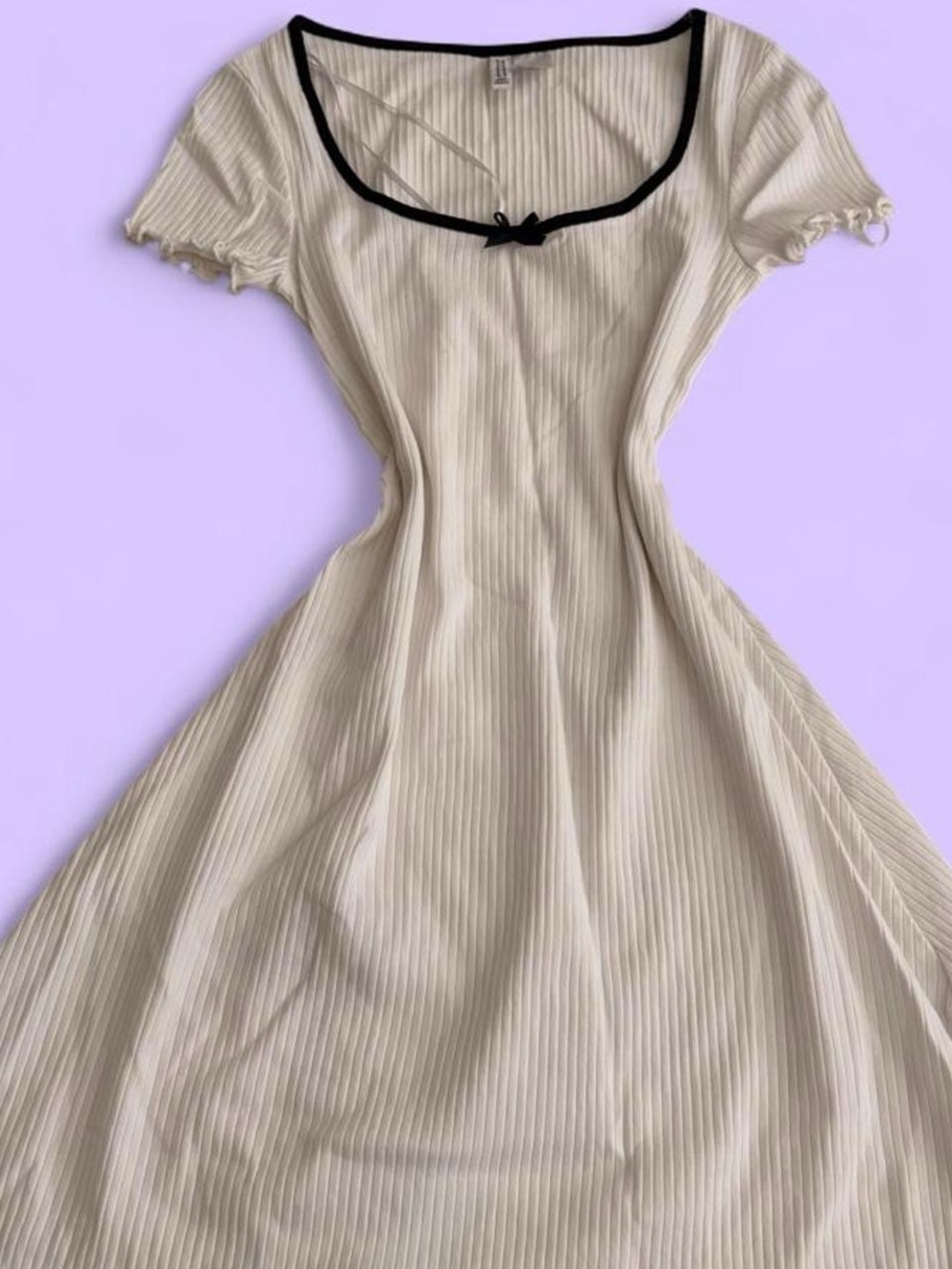 White Ribbed Short Sleeve Dress with Black Trim